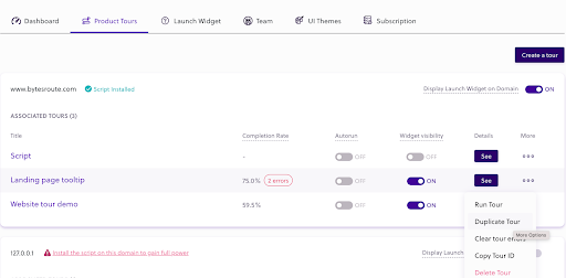 Duplicating a tour 1 Duplicate a tour option in the product tours page