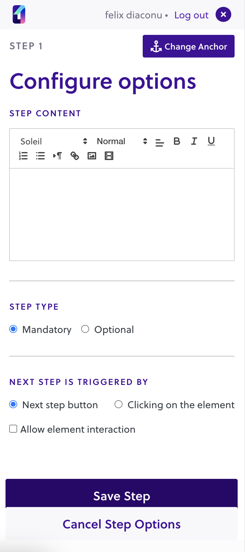 Learn how to use the Step editor when creating a product tour.