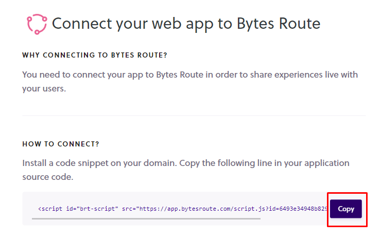 Wordpress Plugin for Easy Product Tour Software Integration 6 Connect your domain with Bytes Route by adding the Bytes Route script code snippet