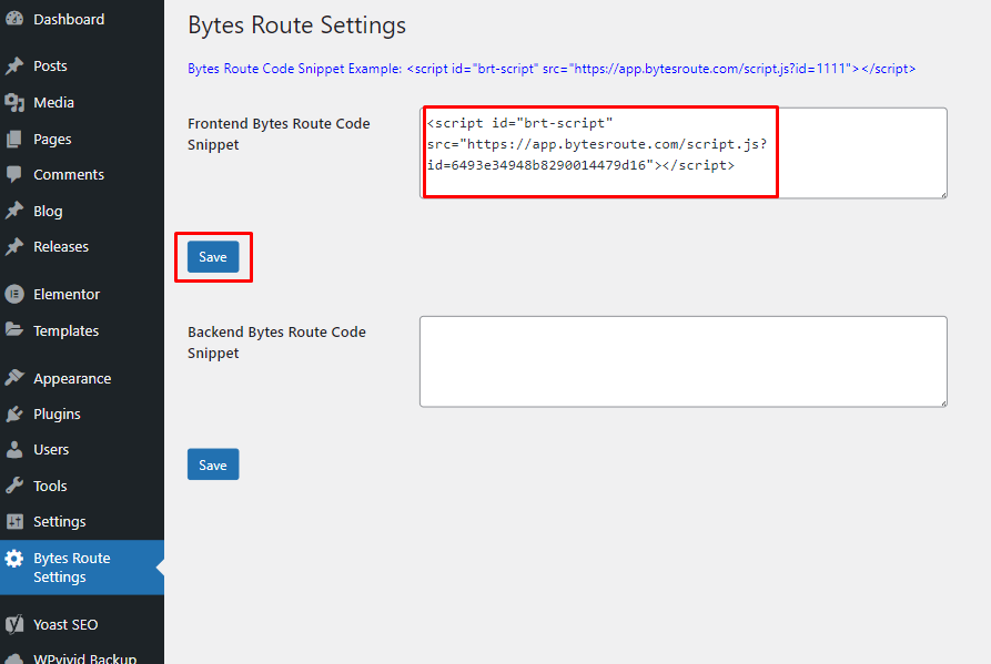 Bytes Route plugin in WordPress and submit the Bytes Route code snippet